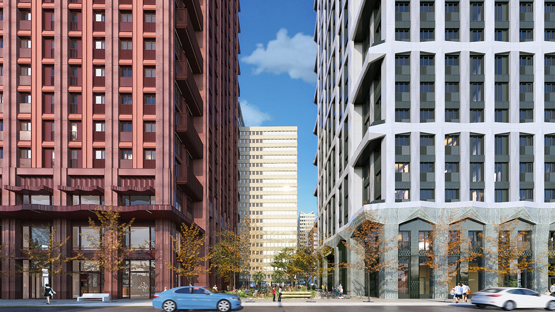 CGI view at ground floor looking north between the proposed buildings